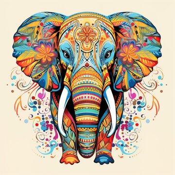 Generative AI Elephant animal face surrounded multicolor