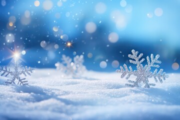 Fototapeta na wymiar Snowflakes On Snow With Bokeh Of Christmas Lights 