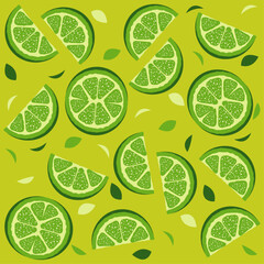 Lime slice design pattern with colorful decor on green background. Delicious citrus. Vector illustration for cards, business, banners, textile, wallpaper, wrapping	