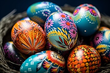 Fototapeta premium A colorful collection of Easter eggs, each hand-painted with precision and care, representing a storied cultural tradition