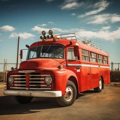 Fotobehang a red bus parked on a dirt road © Aliaksandr Siamko