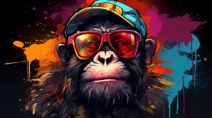 Fotobehang Chimpanzee in sunglasses, bright image in graffiti style. © ArturSniezhyn