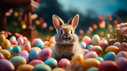 Fototapeta na wymiar adorable easter bunny surrounded by colorful easter eggs in a meadow