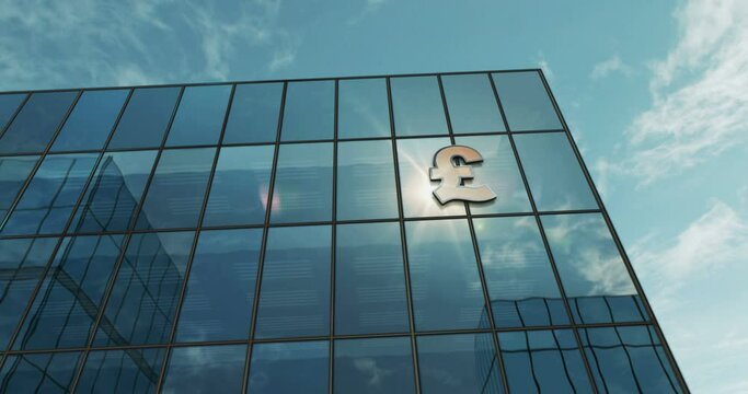 Pound Sterling UK GPB glass building concept. British money symbol banking and GB economy symbol on front facade 3d.