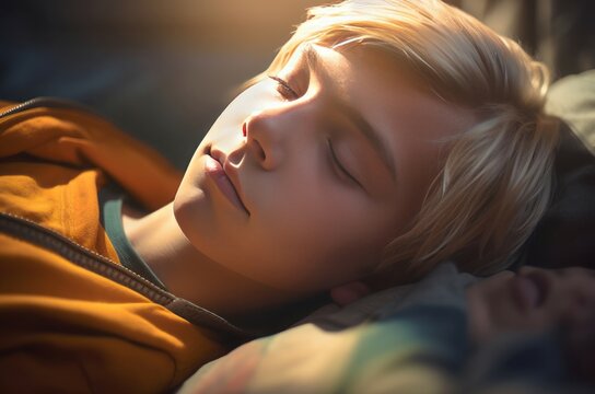 Boy With Blonde Hair Sleeping In Sunlight. Teenager Guy Having Cozy Napping Time. Generate Ai