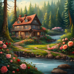 Casa na floresta com um rio 
