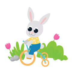 Easter spring illustration of a cute bunny on a bicycle. Easter bunny in cartoon style isolated on white background for greeting cards.