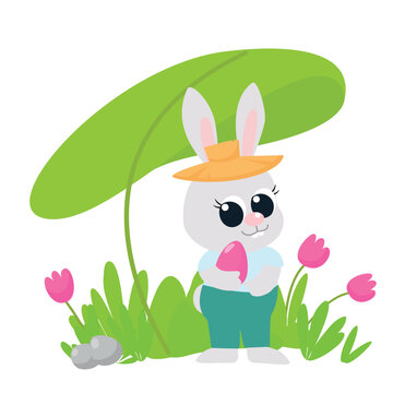 A small cute Easter bunny is standing with a painted egg in his hands. Illustration in cartoon style for greeting cards and holiday design.