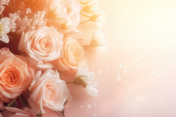 Fototapeta premium fresh flowers background illuminated by the sun for valentine's day and 2/3 of the free space on the right for the text. the peach shade of photo.