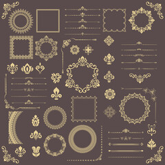 Obraz na płótnie Canvas Vintage set of horizontal, square and round elements. Yellow elements for backgrounds, frames and monograms. Classic patterns. Set of vintage patterns