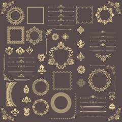 Vintage set of horizontal, square and round elements. Yellow elements for backgrounds, frames and monograms. Classic patterns. Set of vintage patterns