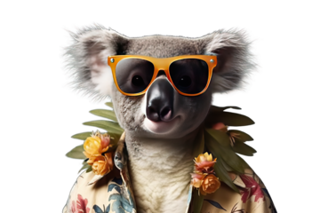 animal dog ai h joy female person white masquerade fun red party italy costume venice face mask carnival koala wearing hawaiian shirt sunglasses leaves it's head flower collar grey background