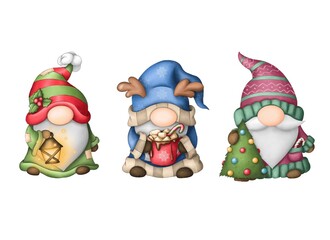 santa claus and christmas tree, Christmas Gnomes watercolor, gnome with Christmas tree, winter gnome 