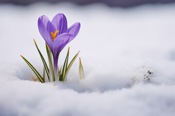 Single Purple Crocus Flower Sprouting from Snowy Ground.