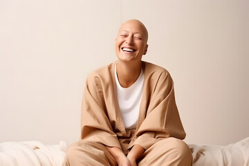 Portrait of caucasian bald woman, alopecia and cancer awareness