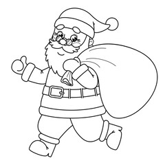 Outline Christmas Santa Claus running with a bag of gifts. Kids coloring page. Color the contour Xmas character. Isolated black and white holiday New Year vector illustration on a white background.