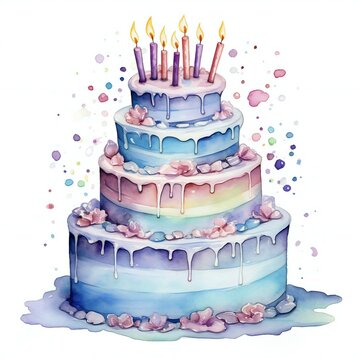 hand drawn watercolor water painting birthday cake