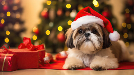 Shih Tzu in a Santa Claus Hat laying near Christmas Gifts 