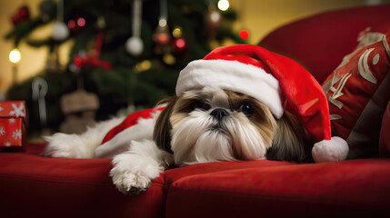 Shih Tzu in a Santa Claus Hat laying on the couch