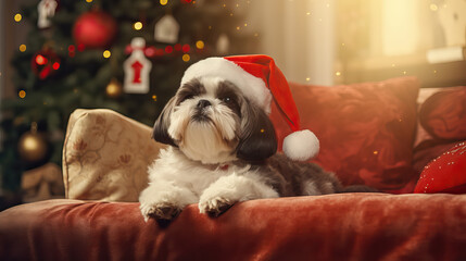 Shih Tzu in a Santa Claus Hat on a couch 