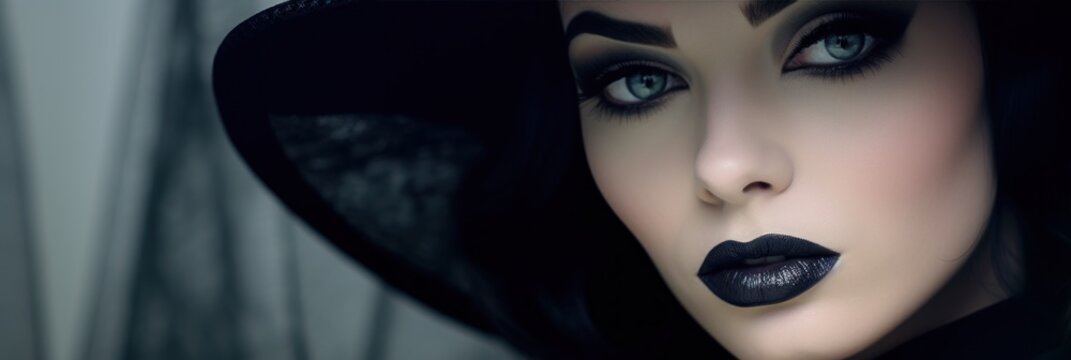Beautiful Woman with Dark Lipstick wearing a Hat - An Eye Catching Background with Gothic References in Soft Focus Technique Style - Gothic Fashion Girl Wallpaper created with Generative AI Technology