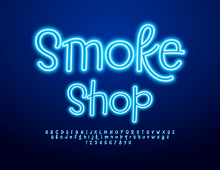 Vector Glowing Sign Smoke Shop. Bright Artistic Font. Blue Neon set of Alphabet Letters and Numbers.