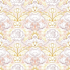Seamless pattern, floral doodle ornament in red and yellow colors on a white background. Digital illustration. Suitable for interior, wallpaper, fabrics, clothing, stationery