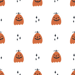Cute pumpkin with spooky face - seamless pattern on white background. Hand drawn Halloween pattern with Jack o lantern. Autumn holiday celebration. Great for wrapping paper.