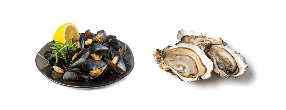 Mussels Pile on Black Plate Isolated, Open Shellfish, Seafood, Mussels Meat, Cooked Clams on White