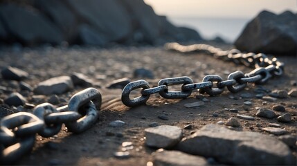 A broken disconnected chain on a desolate rocky background