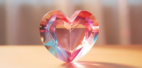 A stunning red heart-shaped crystal prism reflecting colorful hues on a pastel pink surface, creating an enchanting ambiance.