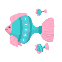 Small decorative fish. Marine inhabitants. Bright blue and pink aquarium fish. Reef fish. Isolated on white background.