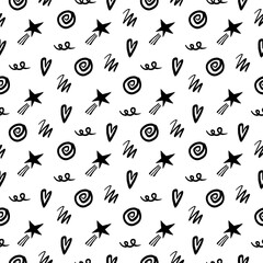 Hand drawn quirky doodles, naive childish sketch drawing scribbles seamless pattern. Colorful creative various shapes elements wallpaper