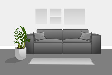 Vector living room interior in minimalist style without background, gray sofa with pillows, carpet, houseplant - Zamioculcas, paintings