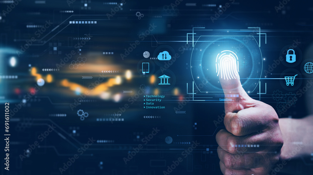 Poster using fingerprint indentification to personal access. biometrics security, e-kyc, innovation technol
