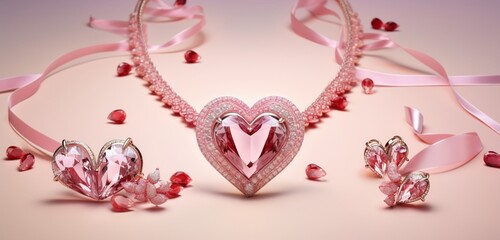 A stunning red heart-shaped gemstone set amidst delicate pastel pink ribbons, creating a romantic and luxurious setting.