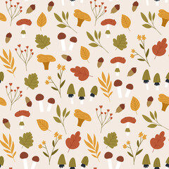 Fototapeta premium Autumn seamless pattern with leaves, flowers, mushrooms and acorn. Beige background with cute hand drawn fall botany elements.