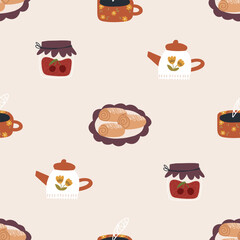 Cinnamon buns, jam, teapot and cup - seamless pattern on beige background. Cute and cozy cafe or bakery elements. Autumn mood.