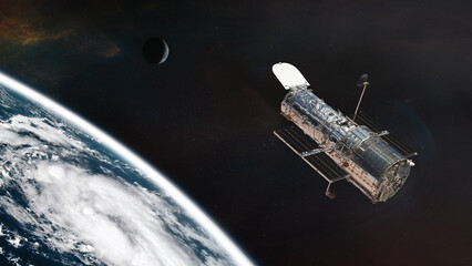 The Hubble space telescope on orbit of Earth planet. Space observatory research. Elements of this...