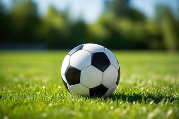 Fototapeta premium Classic Black and White Soccer Ball Energizes Green Grass, Promoting Active Lifestyle, Amateur Football, Street Soccer, and Youthful Activity in Summer Camp. created with Generative AI