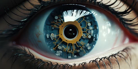 Fototapeten Close up of a sci-fi cyborg eye. Futuristic human eye technology - digital iris © B-design