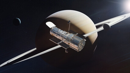 The Hubble space telescope near by Saturn planet in outer space. Elements of this image furnished by NASA.