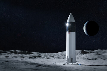 Starship spacecraft on Moon surface. Artemis space mission. Elements of this image furnished by...