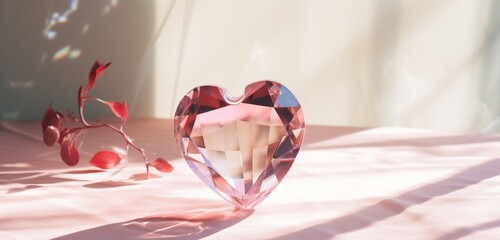An enchanting red heart-shaped crystal prism catching sunlight on a pastel pink table, creating mesmerizing reflections.