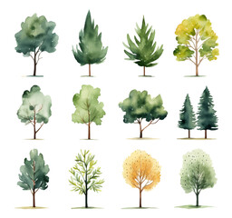 Collection of watercolor trees. Cute abstract colored trees. Trendy scandinavian vector plants.