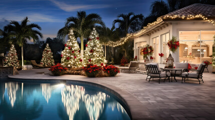 Backyard Pool Decorated for Christmas with Trees and Lights 