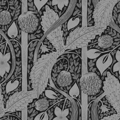 Seamless pattern, ornament with strawberries, flowers and leaves on a black background in achromatic style in Morris style. Digital illustration. Suitable for interior, wallpaper, fabrics, clothing, s