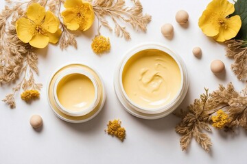Fototapeta na wymiar Cosmetic cream on white background. Copy space. Banner for advertising. Yellow flowers. Fresh lotion with chamomile. Spa still life with natural elements.