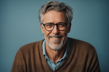Obraz premium Smiling friendly mature caucasian male in glasses looking at camera isolated blue background