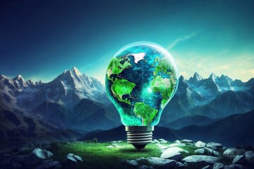 Light Bulb with Green World Map, Illuminated by Sunlight against Mountain Scenery - Empowering an Eco-Conscious Future and Innovating Environmental Solutions through Alternative Energy Concepts - obrazy, fototapety, plakaty